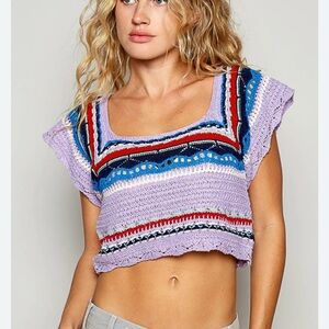 POL Openwork Ethnic Pattern Square Neck Cropped Knit Top NWOT Large